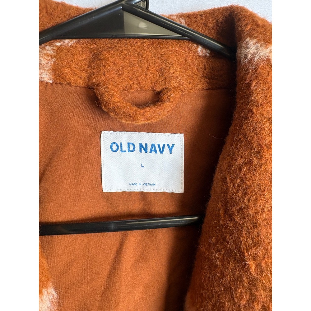 Old Navy Womens Long Windowpane Plaid Coat Rust Orange Boucle Overcoat Large - Picture 4 of 8